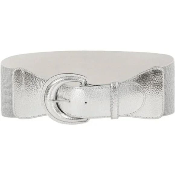 NEW WOMEN'S Wide Stretchy Cinch Belt, Silver PU Leather Metallic Silver Belt - Picture 1 of 6